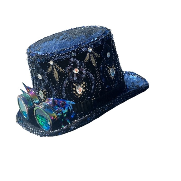Burning Man Sequin Steampunk Top Hat with Removable Goggles - Picture 3 of 5
